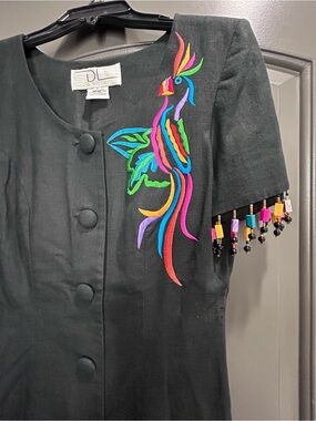 DL DEBORAH LAWS Black Linen Sheath Dress Parrot Embroidered Beaded 80s Vtg Sz 6